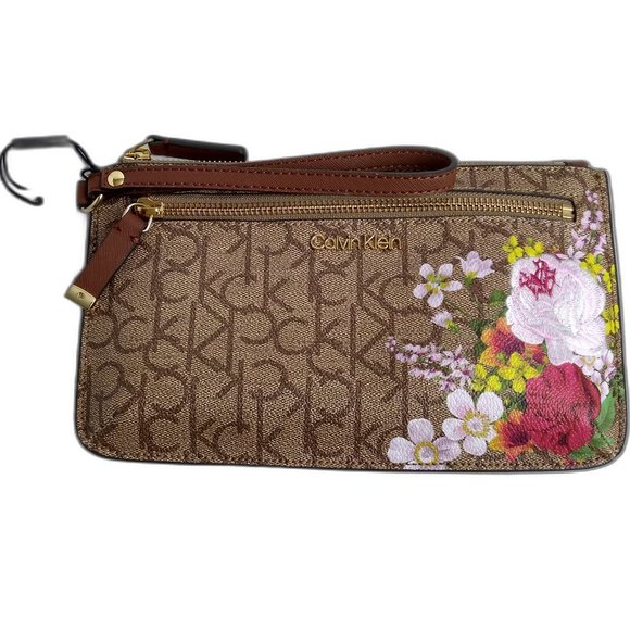 Calvin Klein Handbags - Calvin Klein Saffiano Wristlet - Brown/Pink Floral Zip Closure.